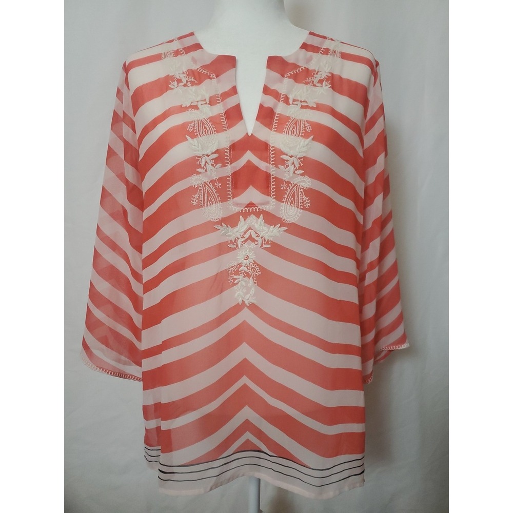 Chicos Embroidered Tunic Size 1 (M/8), 3/4 Sleeve Sheer Lightweight Boho Blouse